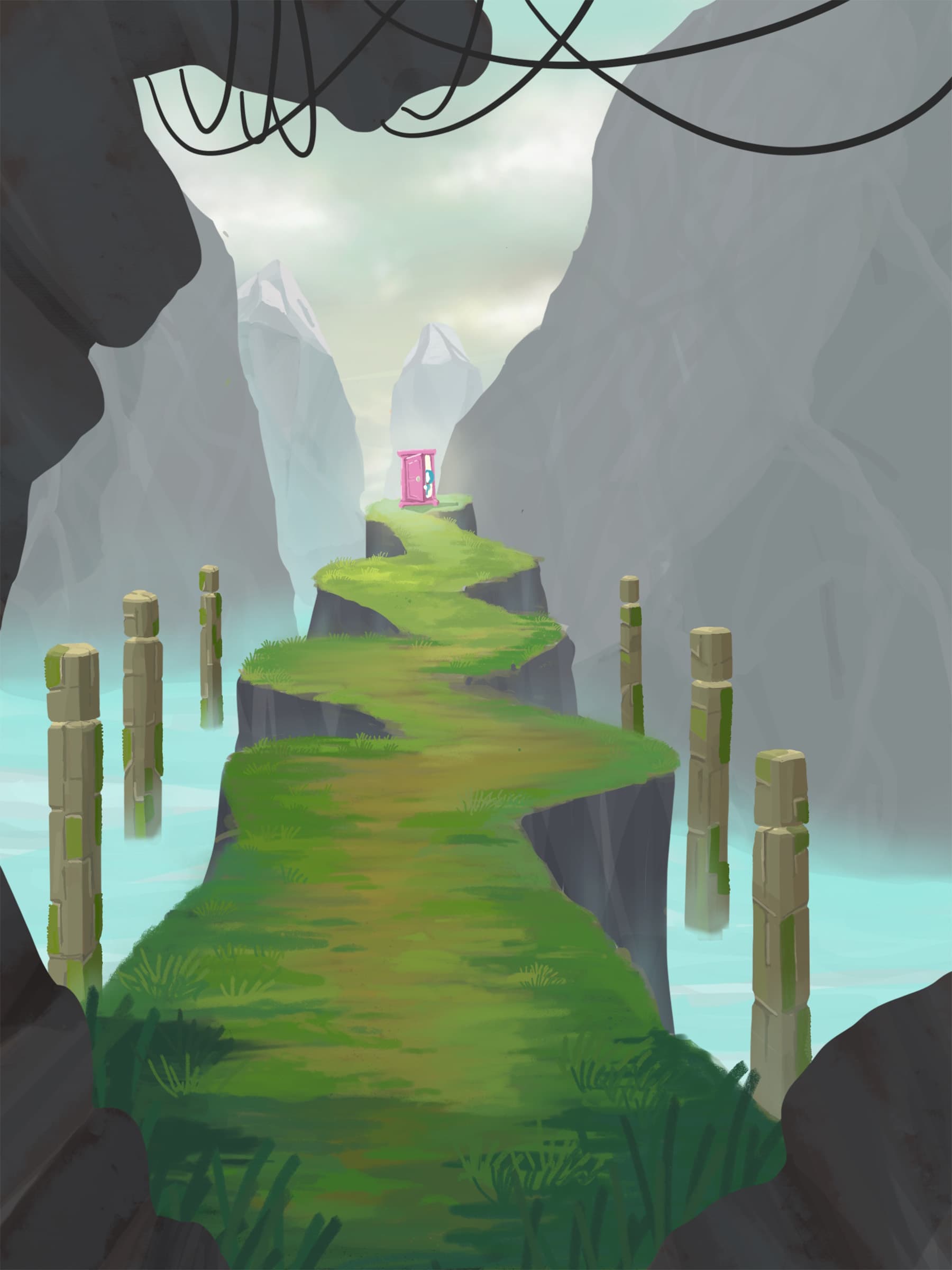 Doraemon traveling through the ruins. Deep in the Jungle.